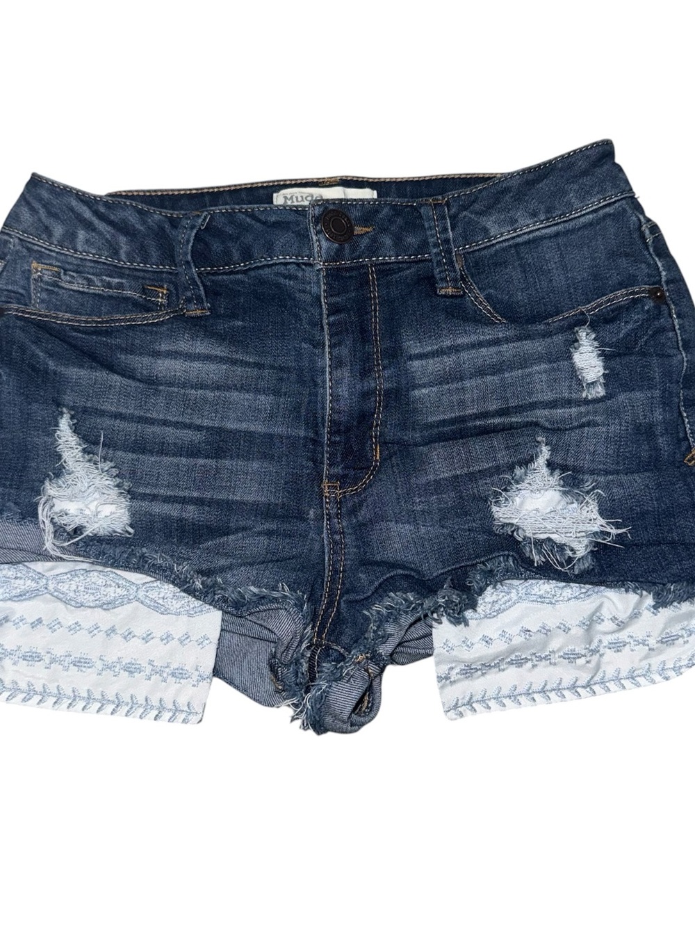 Mudd Dark Blue Distressed Denim Shorts with decorative pockets